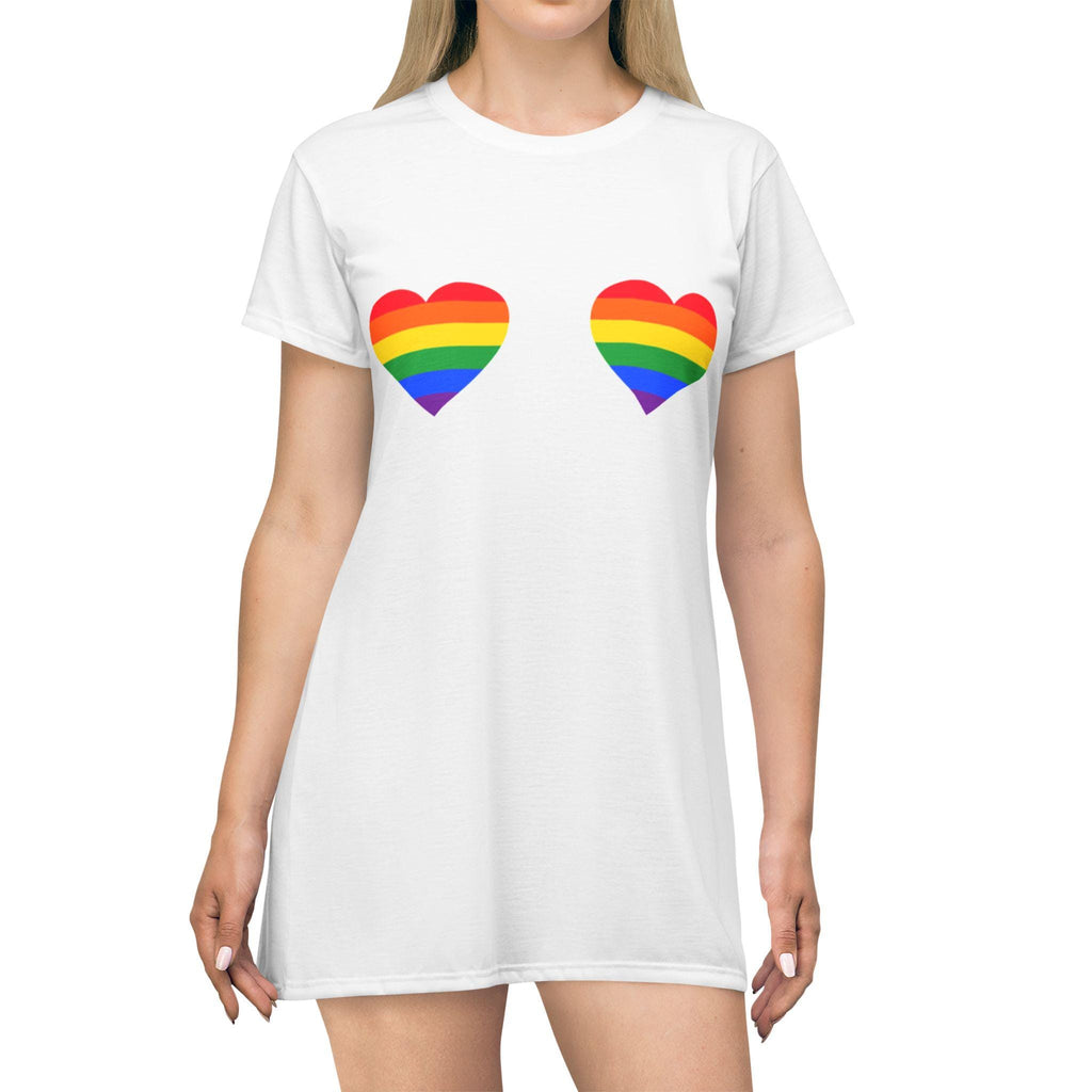 Rainbow Heart T-Shirt Dress - Colorful Pride Apparel, Casual Summer Dress, LGBTQ+ Fashion, Gift for Pride Month, Comfortable Everyday Wear