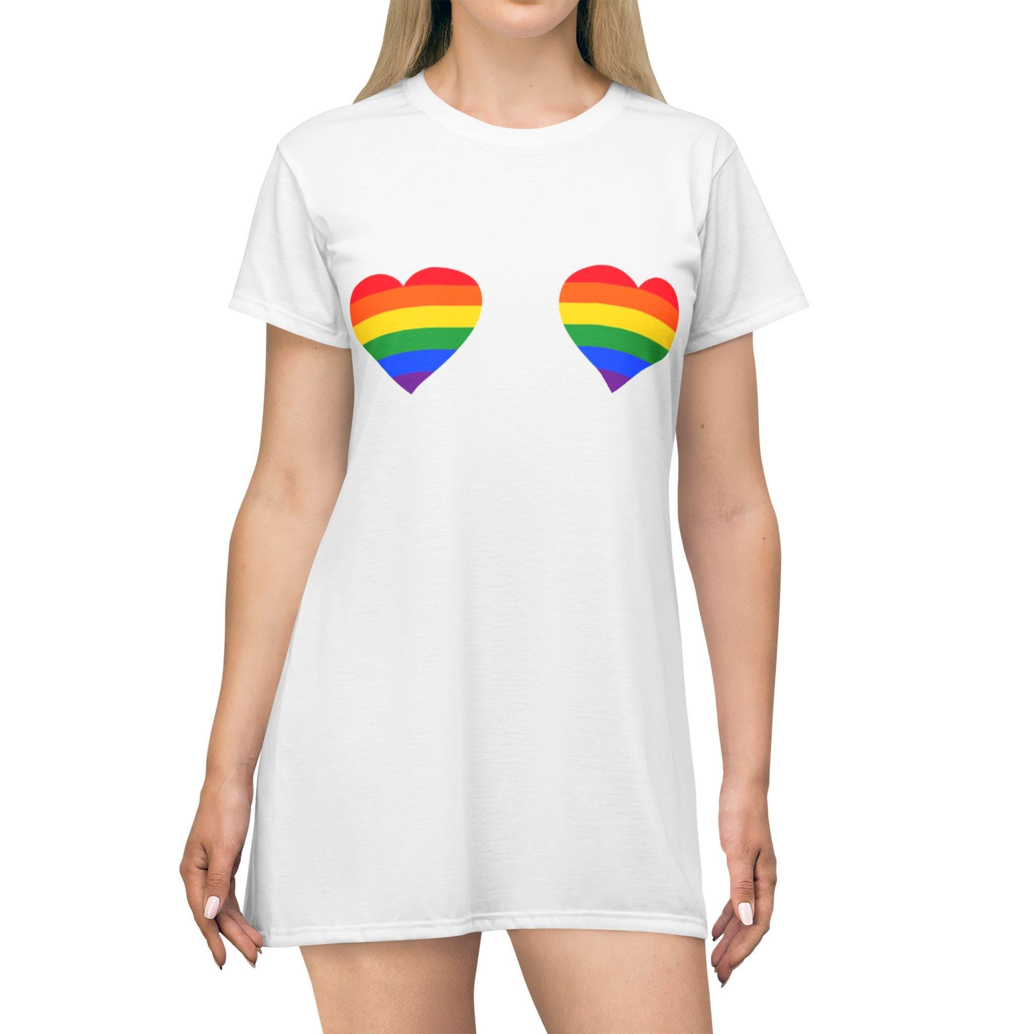 Rainbow Heart T-Shirt Dress - Colorful Pride Apparel, Casual Summer Dress, LGBTQ+ Fashion, Gift for Pride Month, Comfortable Everyday Wear