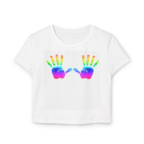 Colorful Handprint Women's Baby Tee, Cute Summer Top, Rainbow T-Shirt, Gift for Moms, Trendy Crop Tee, Pride Apparel