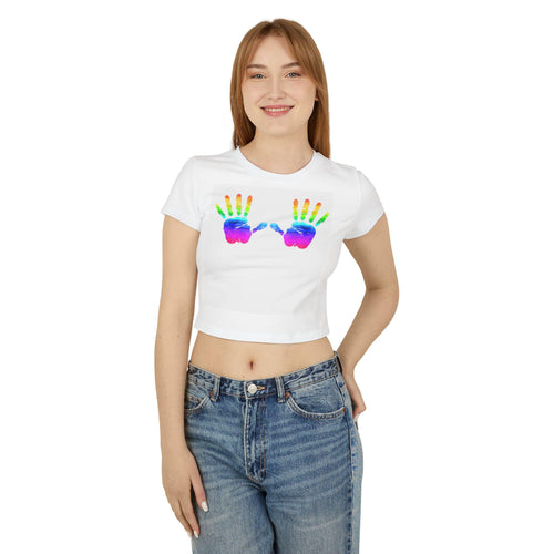 Colorful Handprint Women's Baby Tee, Cute Summer Top, Rainbow T-Shirt, Gift for Moms, Trendy Crop Tee, Pride Apparel