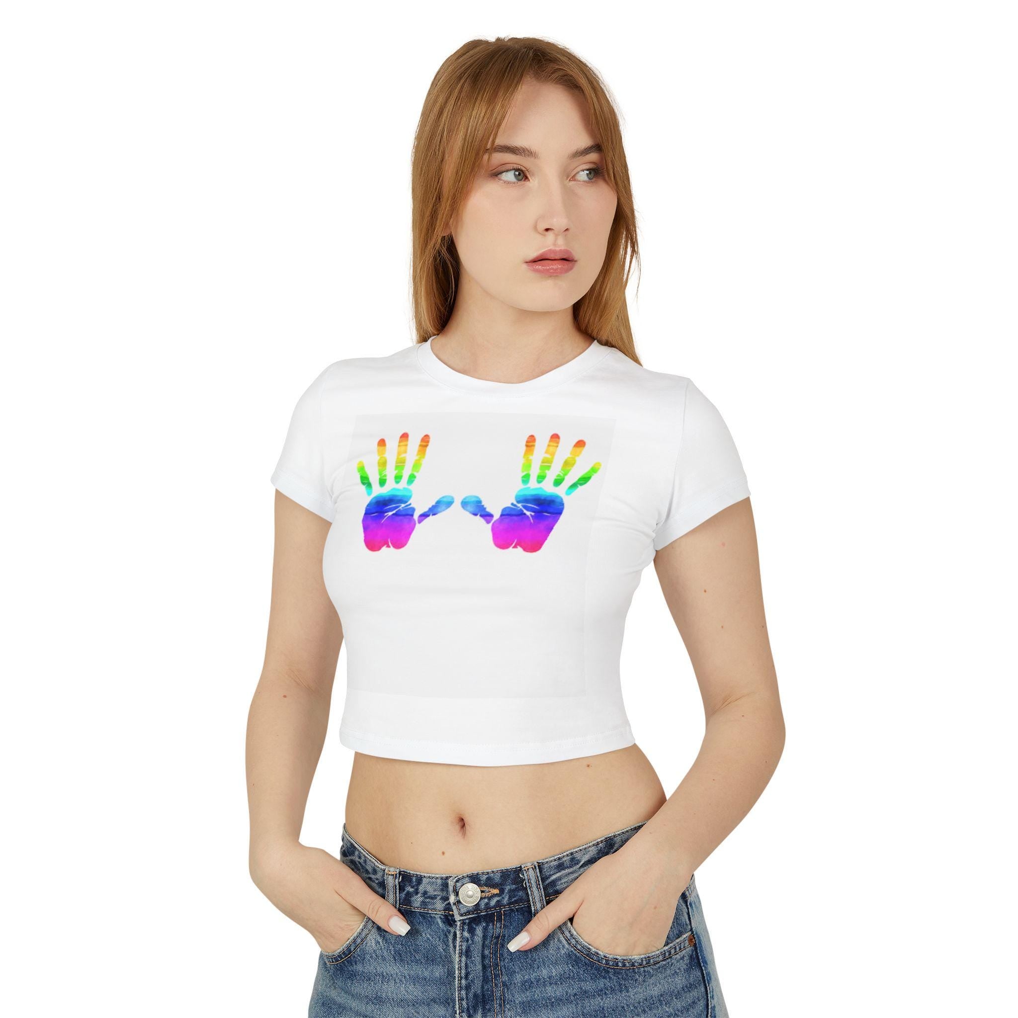 Colorful Handprint Women's Baby Tee, Cute Summer Top, Rainbow T-Shirt, Gift for Moms, Trendy Crop Tee, Pride Apparel
