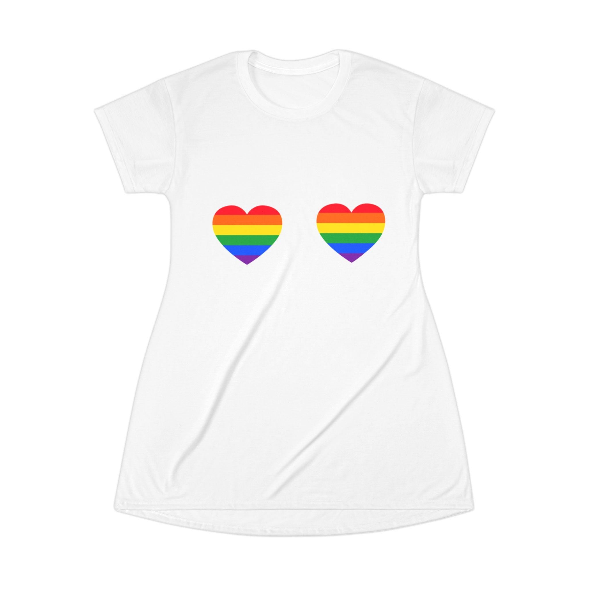 Rainbow Heart T-Shirt Dress - Colorful Pride Apparel, Casual Summer Dress, LGBTQ+ Fashion, Gift for Pride Month, Comfortable Everyday Wear