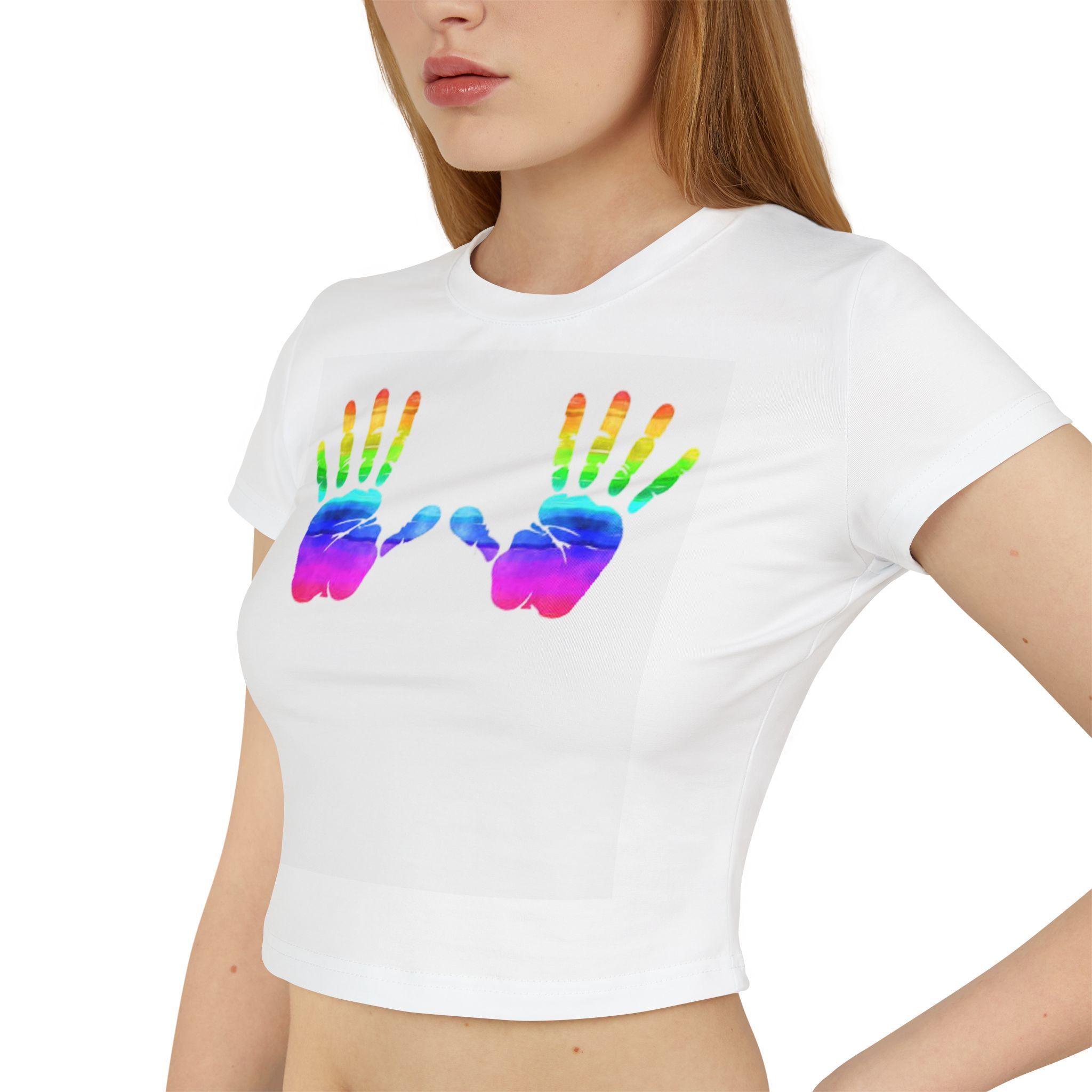 Colorful Handprint Women's Baby Tee, Cute Summer Top, Rainbow T-Shirt, Gift for Moms, Trendy Crop Tee, Pride Apparel